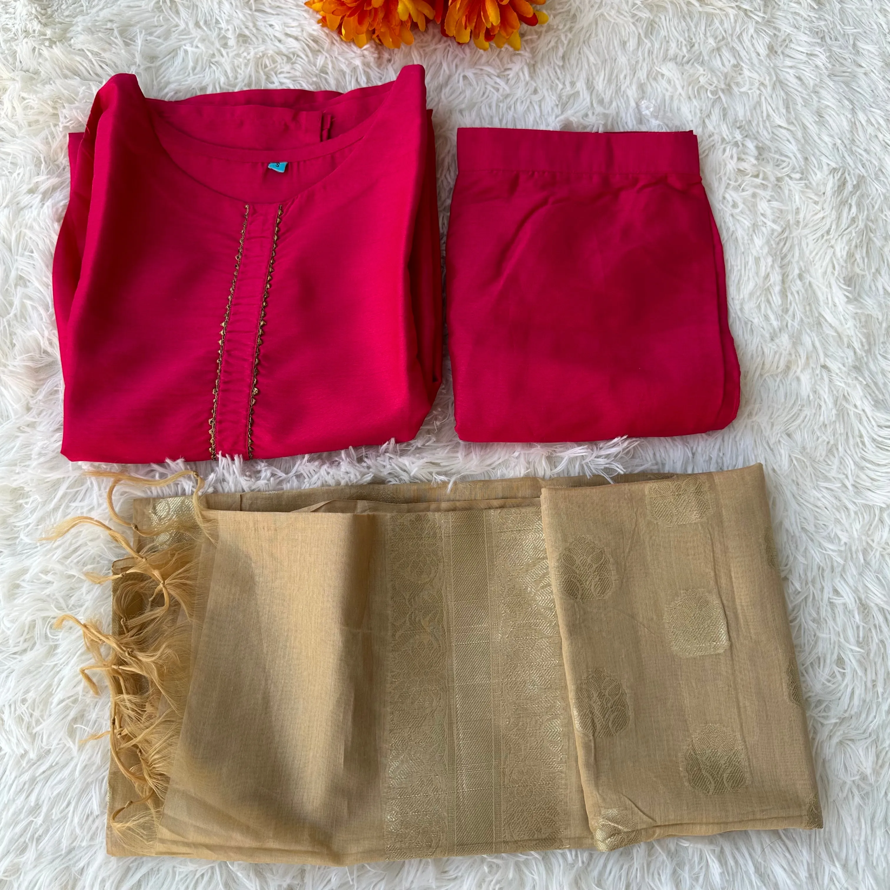 Step into Style: Pink Poly Silk Solid Kurta, Pant, and Dupatta Set