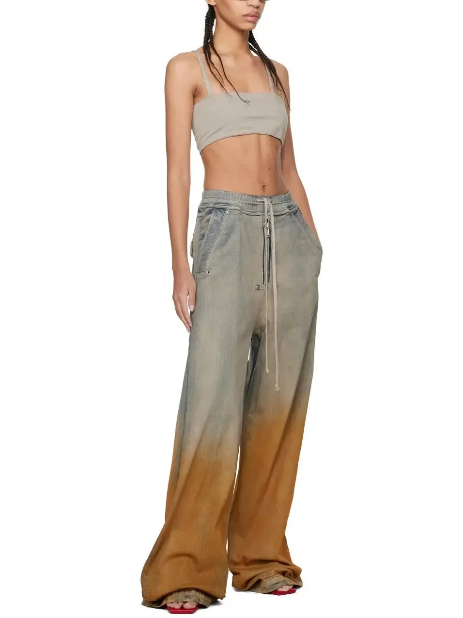 Women’s Blue and Orange Spray Paint Effect Wide-Leg Jeans